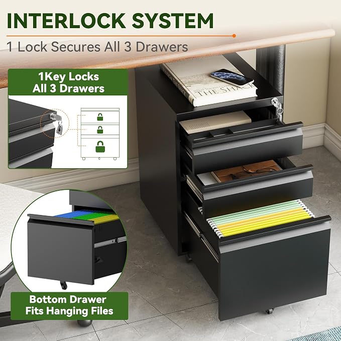 SAWJEC 3 Drawer File Cabinet with Lock, Black Metal Filing Cabinet for Home Office, Fully Assembled, Vertical Locking File Cabinet with Letter Legal A4 Size Hanging Files, 15" W x 17" D x 24" H