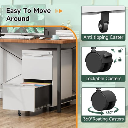 2 Drawer Metal Rolling File Cabinet with Lock, Under Desk Mobile Filing Cabinet for Home Office, Printer Stand with Casters Fits A4/Letter/Legal Size Documents, White