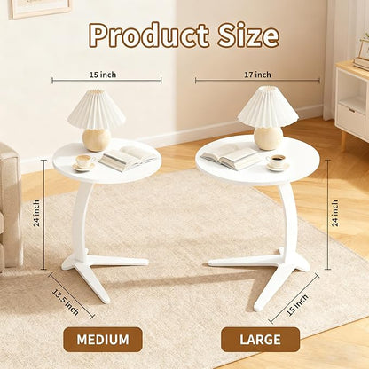 C Shaped End Table, Small Round Side Table for Couch, Slide Under Sofa Tray Desk for Living Room Bedroom, Solid Wood TV Tray Table for Narrow Space (15” White)