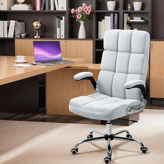ECOTOUGE Executive Office Chair, Velvet Ergonomic Comfy Desk Chair, High Back Computer Chair with Adjustable Tilt Angle and Flip-up Arms (Grey, Without Footrest)