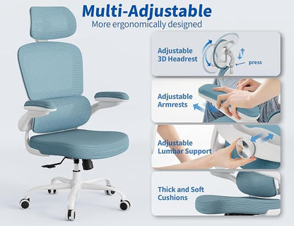 TRALT Ergonomic Office Chair - Desk Chair with Adjustable Headrest Lumbar Support Computer Chair - Mesh Comfy Chair with Flip-up Armrests - Gaming Chairs for Adults Home Office (PU Leather, Blue)