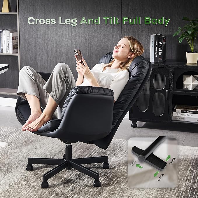amseatec Criss Cross Office Chair with Armrests & Wheels, Recline 90/135 Lock, 400LBS Big and Tall Executive Office Chair, PU Leather Computer Desk Chair for Home & ADHD（Black）