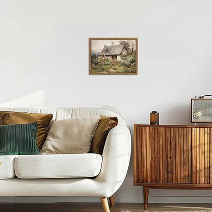 Framed Farmhouse Wall Decor, Country Cottage Pictures Wall Art, Pastoral Nature Landscape Canvas Print, Vintage Farm House Oil Painting Artwork for Bedroom Living Room – 8x10 inch