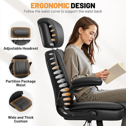 BestGlory Ergonomic Office Chair, PU Leather Executive Desk Chair with Adjustable Headrest, Flip-Up Arms and Lumbar Support, High Back Computer Chair for Home Office, Remote Work, Gaming, Black