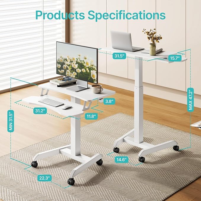 PEGZONE Standing Rolling Desk with Keyboard Tray, Laptop Cart with Wheels, Adjustable Height Portable Computer Workstation Cart for Classroom, Office