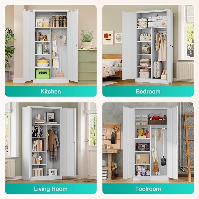 Wide & Deep Metal Storage Cabinet with Hanging Rod,White Broom Closet Storage Cabinet with Lock,72" Tall Wardrobe Cabinets with Doors and Shelves,Locking Steel Tool Cabinets for Home,Office,Garage