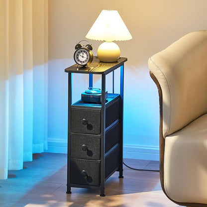DALEMHOME Narrow End Table with Charging Station, Narrow Side Table with Drawer, Small Nightstand with LED Light, Skinny Nightstand, Small Bedside Table for Living Room, Bedroom, Couch, Black