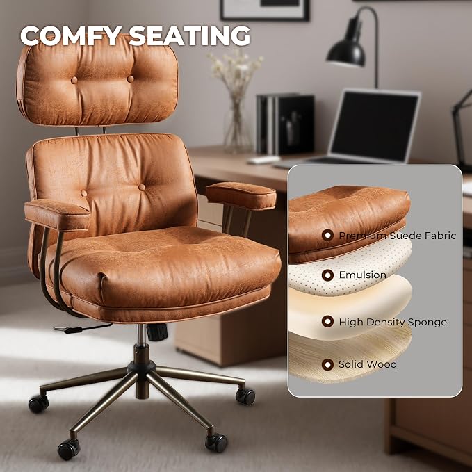 Home Office Chair,Ergonomic Computer Chair with Lumbar Support Adjustable Height,Mid-Century Modern Office Chair with Rolling Swivel Chair for Home Office Game Study(Suede Leather Chair,Light Brown)