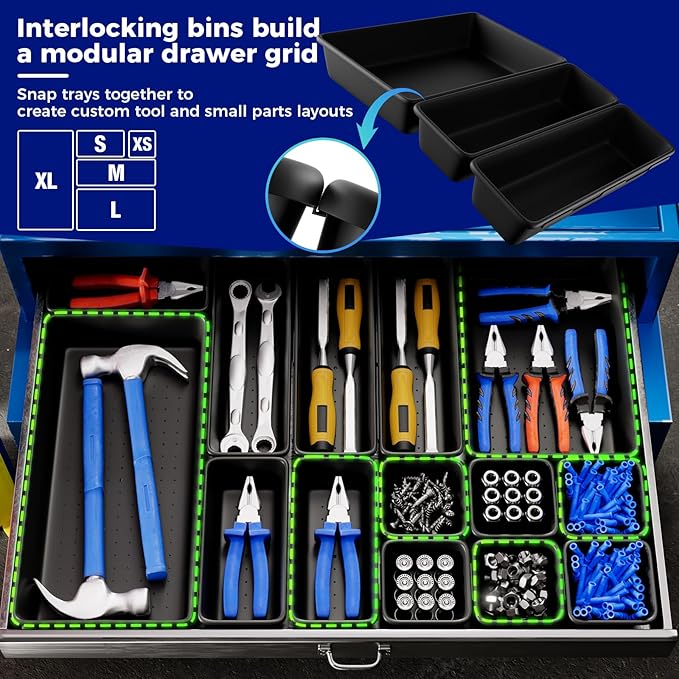 6 Large Tool Box Organizer Trays with EVA Non-Slip Pads, L-Size Desk Drawer Organizer Bins for Garage Tools, Toolbox Storage Trays for Rolling Tool Chest, Desk, Kitchen and Cabinet (L_6PCS_Black)
