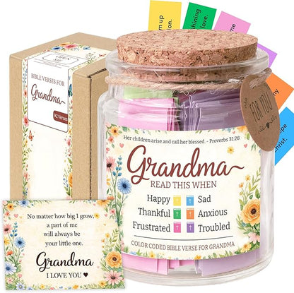 Bible Verse Jar for Grandma, 92 Color Coded Bible Verse in Glass Jar, Christian Gifts for Grandma, Mothers Day Gifts for Grandma, Religious Birthday Christmas Gift for Grandmother