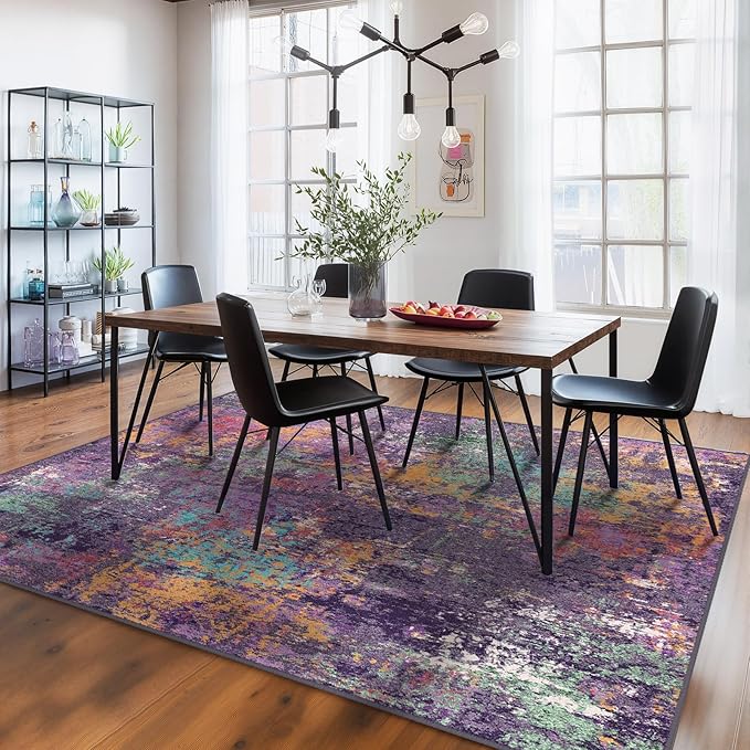 RELEANY Washable Area Rugs 6'x8' Non-Slip Modern Abstract Soft for Living Room Entryway Bedroom Kitchen, Print Pattern, Purple Orange Blue Green Rust Red Colorful