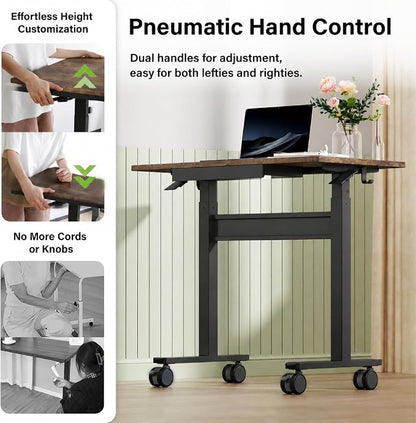 Standing Desk for Walking Pad with Wheels, Pneumatic Cordless Height Adjustable Rolling Desk, Computer Workstation with Drawer Hook Locking Casters for Treadmill Home Office, Dark Wood