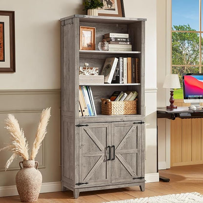 Joaxswe 5 Tier Bookshelf 70in Tall Bookcase with Barn Doors and Storage Cabinet, Grey Farmhouse Book Shelf with Adjustable Shelves, Wood Freestanding Display Bookshelves for Bedroom, Kitchen (3 PCS)