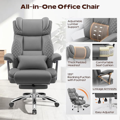 Office Chair, Ergonomic Desk Chair with Adjustable Lumbar Support for Back Pain, Extra Wide 400LBS Comfy Big and Tall Office Chair with Footrest, Executive Leather Computer Game Chair for Heavy People
