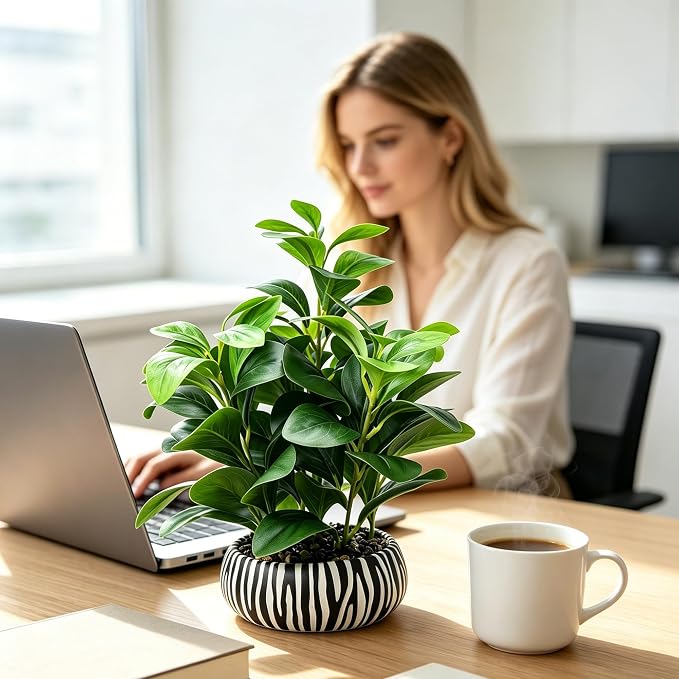 Realistic Artificial Potted Plant, Faux Indoor Greenery for Home Office Living Room Bookshelf Bathroom Decor, Low-Maintenance Space-Saving Fake Plants with Modern Decorative Vase