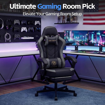Desk Computer Gaming Chair - High Back Ergonomic Office Chair with Footrest and Lumbar Support, Swivel Comfy Home Gamer Video Game Chairs with Pocket Spring Cushion for Adults (Grey Leather)
