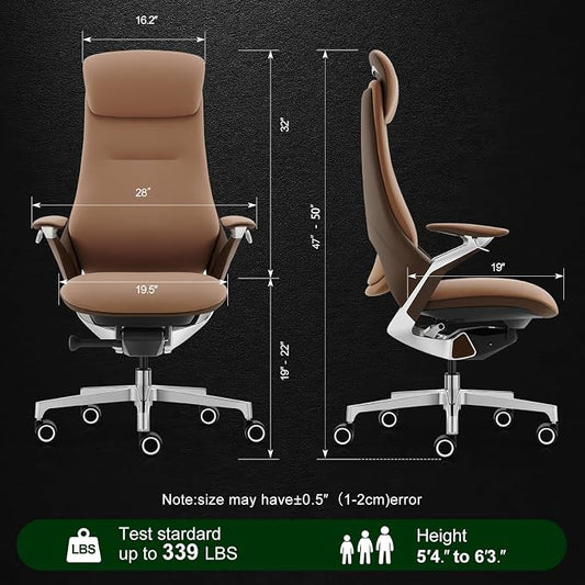 Ergonomic Executive Leather Office Chair-High Back Top Grain Leather with Adjustable Headrest, 3-Position Recline (90°-135°), Tension Control & Height Adjustment, Italian DONATI Base