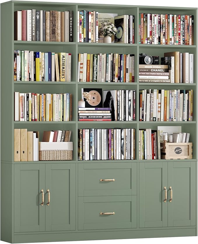 HOSTACK 71" Tall Triple Wide Bookshelf with Doors & Drawers, Modern Wood Bookcase for Storage, 6-Tier Large Bookcase with Display Shelves, Space-Saving Bookshelf for Living Room, Home Office, Green