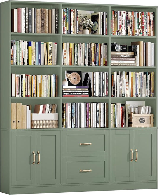 HOSTACK 71" Tall Triple Wide Bookshelf with Doors & Drawers, Modern Wood Bookcase for Storage, 6-Tier Large Bookcase with Display Shelves, Space-Saving Bookshelf for Living Room, Home Office, Green
