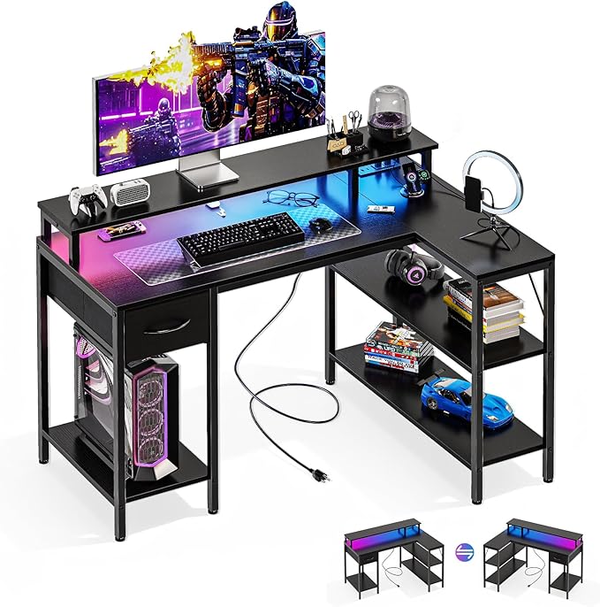 DUMOS 47” Gaming Desk with USB Charging Ports & LED Lights, Reversible L Shaped Desks Computer Corner Gamer Table with Stand Storage Shelves for Home Office Small Space, Modern Black