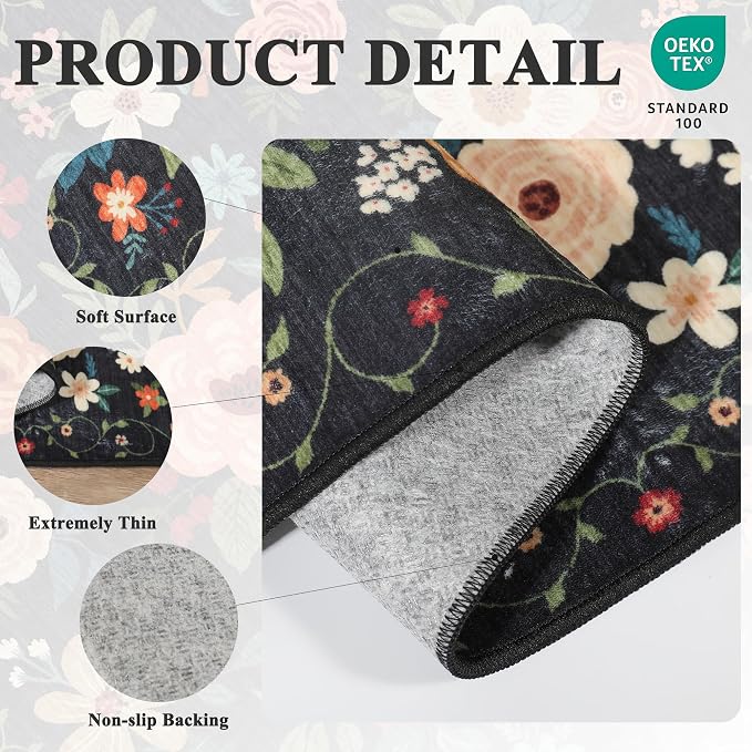 DUKINO 5x7 Area Rug, Floral Design, Lightweight Non Slip Washable, Indoor Low Pile & Non-Shedding Boho Rug for Bedroom, Living Room, Dining Room, Black