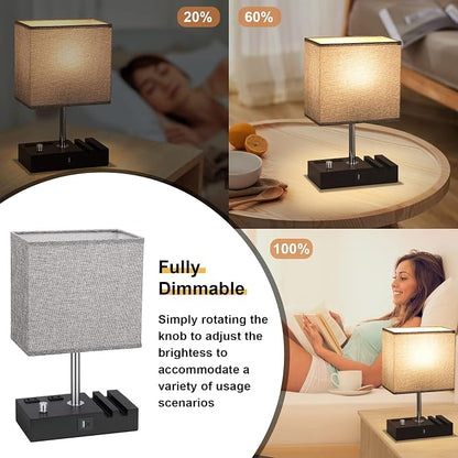 Kakanuo Fully Dimmable Bedside Lamps for Bedroom with USB C Ports, Grey USB Table Lamp Set of 2, Wooden Desk Lamp with 2 Charging Outlets and Phone Stand for Nightstand and Living Room, Bulb Included