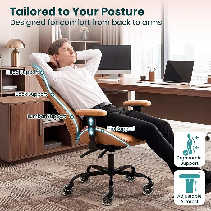 NEO CHAIR Ergonomic Leather Office Desk Chair with Adjustable Height Armrests High Back Lumbar Support Swivel Executive Computer Chair with Wheels Comfy Home Office Chair for Adults (Brown)