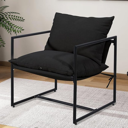 Kromax Sling Accent Chair, Cozy Living Room Chairs, Square Metal Frame, Upholstered Soft Cushion, Sponge, 28" x28“x32, Easy Assembly, Black