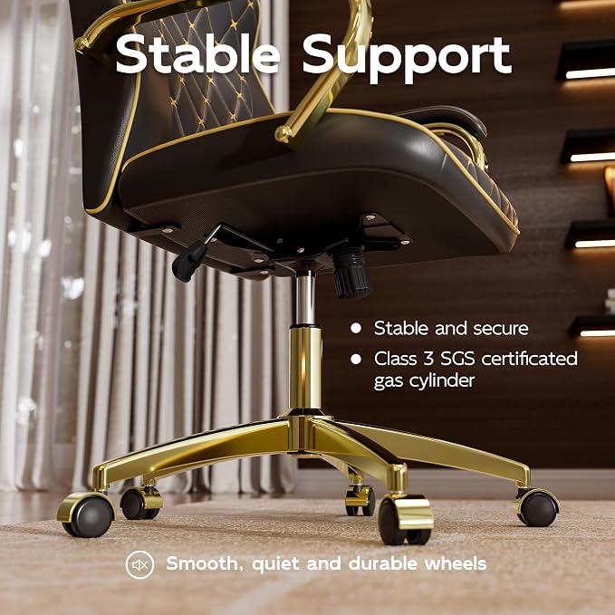 HomeZeer Black and Gold Office Chair, Luxury Leather Executive Desk Chair | Elegant Timeless Appeal, Vintage Mid Back Styling with Wheels and Padded Arms, Thick High Density Foam Comfort