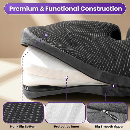 ZZ-WELL Seat Cushions for Office Chairs, Patented Pressure Relief Coccyx Cushion for Tailbone Pain, Memory Foam Butt Pillows for Wheelchair Car Sitting, Carrying Handle, Non-Slip (Grey, Large)