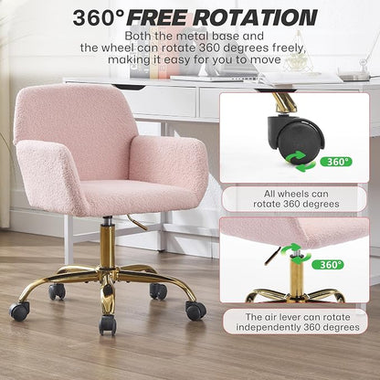 KCC Faux Fur Vanity Makeup Desk Chair, Comfy Fluffy Swivel Modern Leisure Armchair with Wheels, Upholstered Fuzzy Height Adjustable for Teens Women Girls Elegant Home Office, Pink