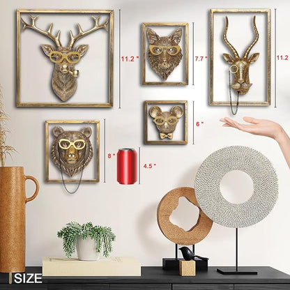 Newinhome Animal Heads Wall Decor (5pcs, Includes Metal Frame) Resin Animals Sculptures Head Wall Hanging Decoration Gold vintage Wall Sculpture for Living Room Bedroom Office