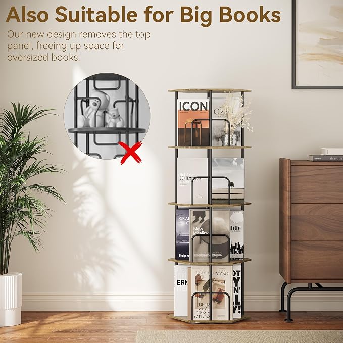SUNMORY 4 Tier Rotating Bookshelf Tower, Revolving 360 ° Spinning Bookcase, Hexagonal Corner Book Shelf Storage Carousel, Vertical Rotate Turning Organizer Book Shelves for Living Room Office Bedroom
