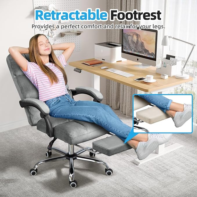 ECOTOUGE Velvet Executive Office Chair with Footrest, Ergonomic Comfy Desk Chair, High Back Computer Chair with Adjustable Tilt Angle, Grey