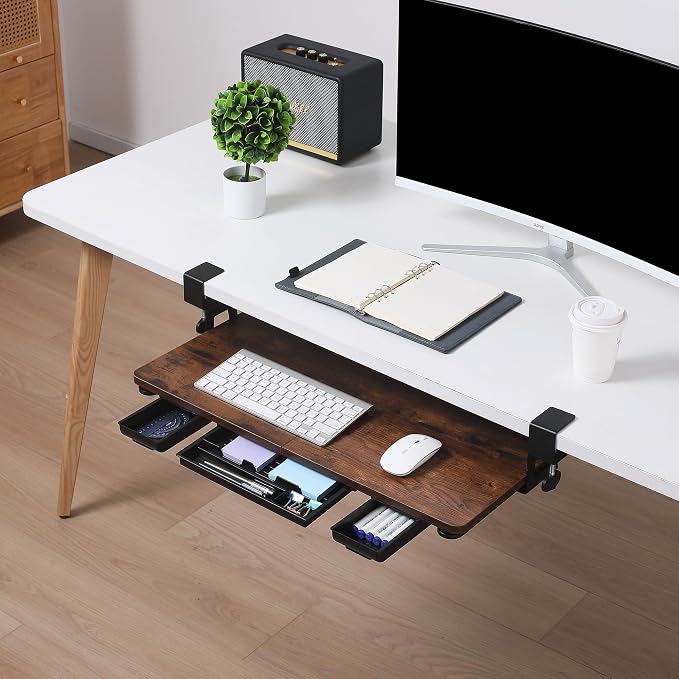 Keyboard Tray Under Desk with Drawer,26.77" X 11.81"Large Size Keyboard Tray with C Clamp-on Mount, Easy to Install, for Home Office (Mahogany)