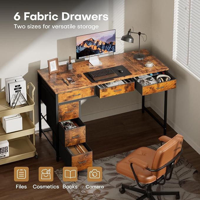 HLDIRECT 47" Computer Desk with 6 Drawers, Home Office Desk with Large Storage for Home Office,Gaming,Writing Study,Work (Brown)