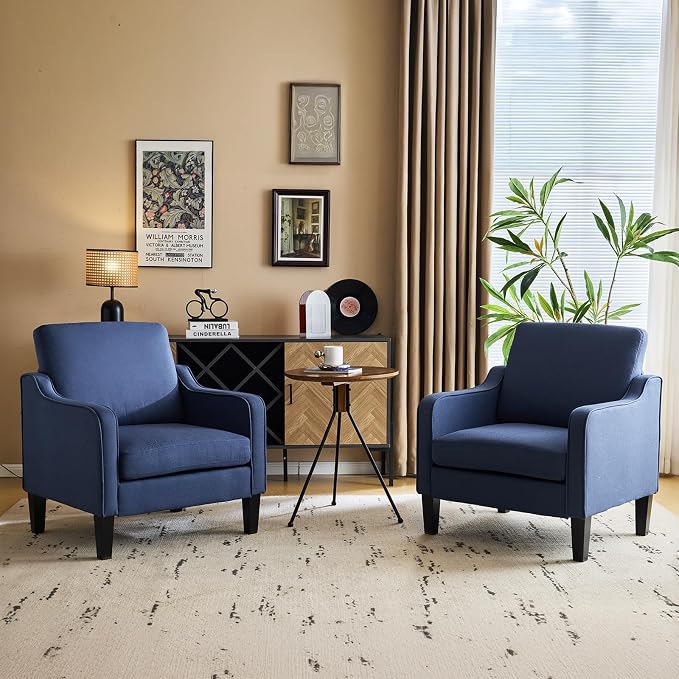 VINGLI Modern Accent Chairs Set of 2, Blue Living Room Chairs Comfy Armchair for Bedroom, Upholstered Sofa Chair Reading Chair for Small Spaces, Apartment, Waiting Room