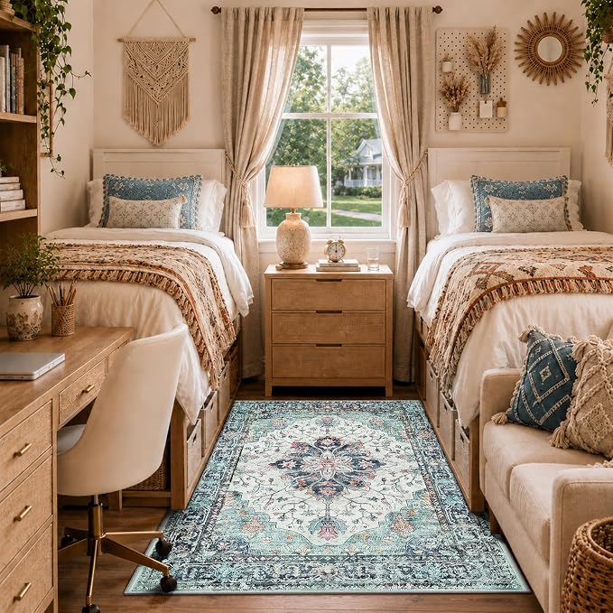 RELEANY Area Rugs 4'x6' Washable Non-Slip, Floral Vintage Distress Medallion Carpet for Living Room Bedroom Dining Room, Green Navy Blue White Red Teal