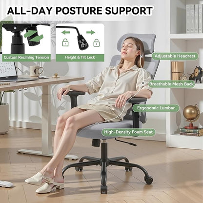 Ergonomic Office Chair, Office Desk Chair with High Back Mesh and Adjustable Lumbar Support, Rolling Work Chairs with Wheels and Adjustable Headrests, Wide Cushion, Grey