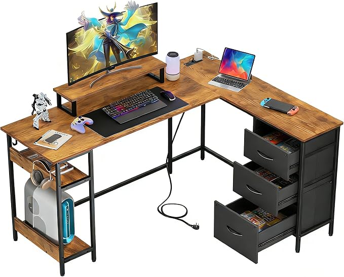 DEVAISE 60 Inch L Shaped Gaming Desk with Drawers and Storage, Corner Desk with LED Lights, Power Outlets, Computer Desk with Monitor Stand, Office Desk for Home, Rustic Brown