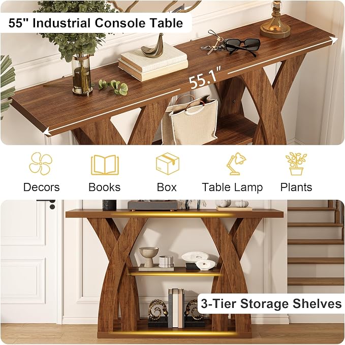55 inch Farmhouse Entryway Table, Console Table with 3-Tier Storage, Rustic Striped Brown X-Shaped Narrow Entry Table for Behind Couch, Living Room, Hallway, Foyer