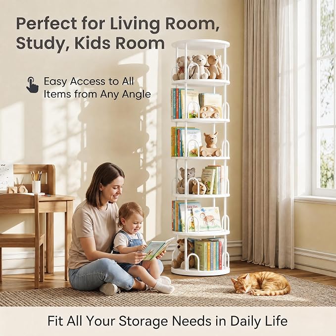 6 Tier Rotating Bookshelf Tower, Standing Tall Corner Wood, White Metal Modern Book Shelf Organizer Retro Vintage Rustic Modern Large Bookshelf Book Display Furniture for Your Home, Office, Kids