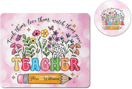 Personalized Teacher Mousepad and Coaster Desk Set Gift for Teachers Appreciation Back to School Classroom Decor Custom Handmade by The Painted Pug (Teach Them Floral)