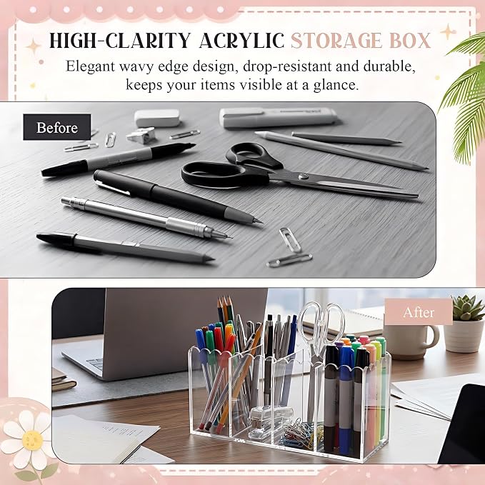 Scalloped Acrylic Pencil Holder for Desk, Clear Pen Organizer with 4 Compartments, Marker Makeup Brush Holder Remote Caddy for Home, Office, Bathroom, Classroom, Table