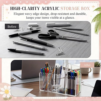 Scalloped Acrylic Pencil Holder for Desk, Clear Pen Organizer with 4 Compartments, Marker Makeup Brush Holder Remote Caddy for Home, Office, Bathroom, Classroom, Table