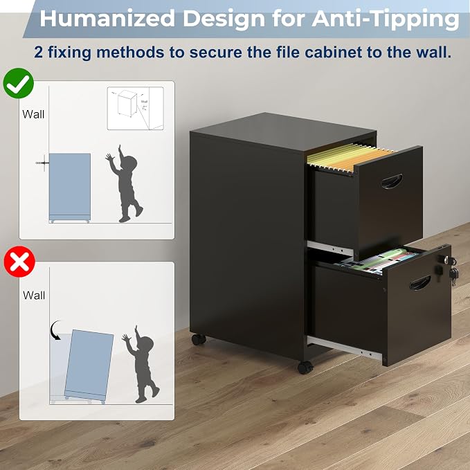 UNICOLY 2 Drawer File Cabinet with Lock, Filing Cabinets with Wheels, Rolling File Cabinets for Home Office, Metal Office File Cabinet, for Holding Letters and File Boxes, Assembly Required, Black