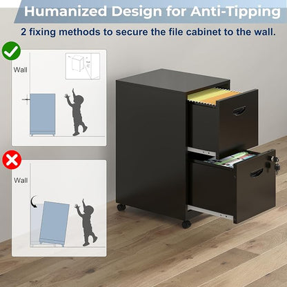 UNICOLY 2 Drawer File Cabinet with Lock, Filing Cabinets with Wheels, Rolling File Cabinets for Home Office, Metal Office File Cabinet, for Holding Letters and File Boxes, Assembly Required, Black