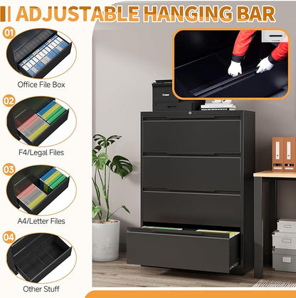 4-Drawer Metal File Cabinet with Lock,Steel Printer Stand with Storage for Home Office,Lateral Filing Cabinet for Legal/Letter/A4 Files,Assembly Required(35.43''W-4 Drawers,Black)