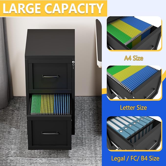 GAIOUS Metal Vertical File Cabinet with Lock, Home Office File Cabinet | 2 Drawer Under Desk Cabinet, Metal Filing Cabinet, Black Lockable Storage Cabinet, Fits Letter/Legal/A4 Size