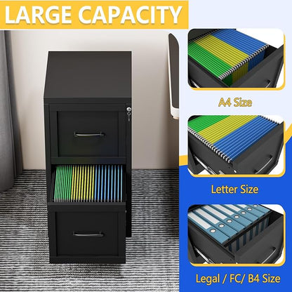 GAIOUS Metal Vertical File Cabinet with Lock, Home Office File Cabinet | 2 Drawer Under Desk Cabinet, Metal Filing Cabinet, Black Lockable Storage Cabinet, Fits Letter/Legal/A4 Size